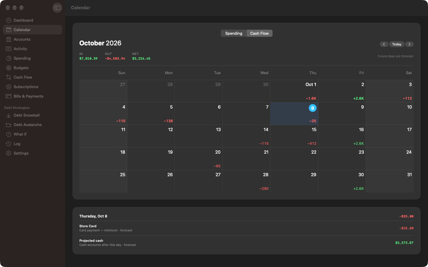 The Enoughly money calendar on Mac: October's cash flow with paydays in and bills out, and the selected day's projected cash