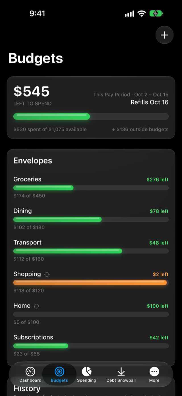 Enoughly Budgets on iPhone: $545 left to spend this pay period, refilling Oct 16, with envelopes for groceries, dining, transport and more