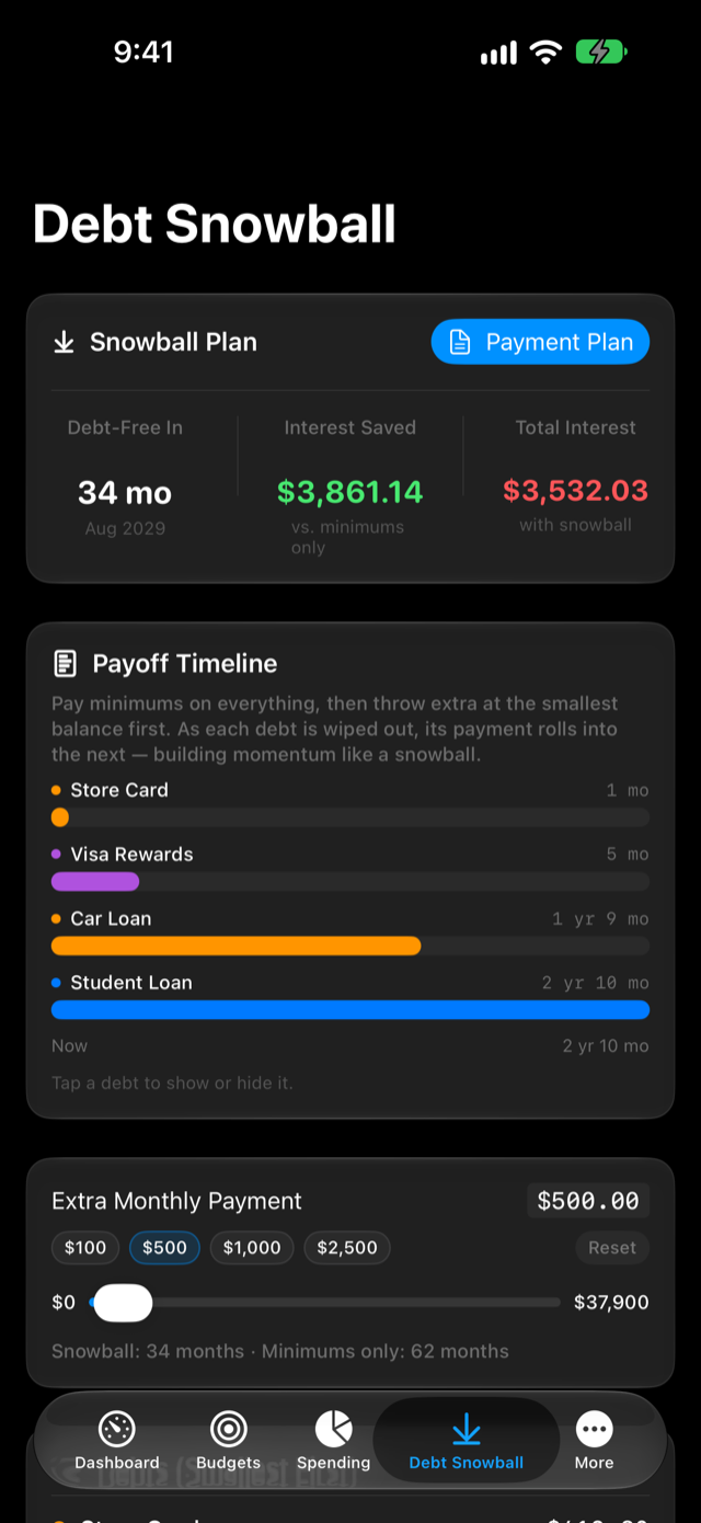 Enoughly Debt Snowball on iPhone: debt-free in 34 months, $3,861 in interest saved, with a payoff timeline